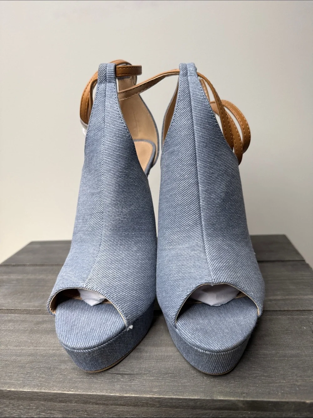 Shoe Dazzle Light Blue Denim Platform Ankle-Tie Stilettos